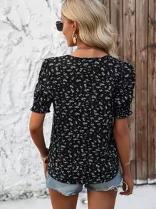 SHEIN VCAY 碎花泡泡袖襯衫 - 黑色 - 查看 2