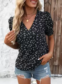 SHEIN VCAY 碎花泡泡袖襯衫 - 黑色 - 查看 6