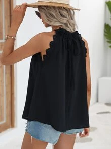SHEIN LUNE Guipure Lace Trim Halter Neck Tie Back Blouse - Black - View 3