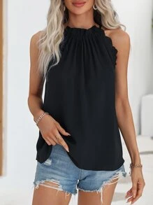 SHEIN LUNE Guipure Lace Trim Halter Neck Tie Back Blouse - Black - View 4