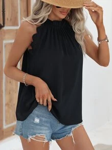 SHEIN LUNE Guipure Lace Trim Halter Neck Tie Back Blouse - Black - View 5