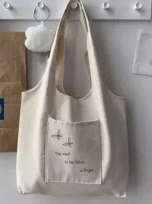 女士蝴蝶印花托特包，大容量帆布单肩包字母图案购物袋，母亲节送给妈妈的礼物