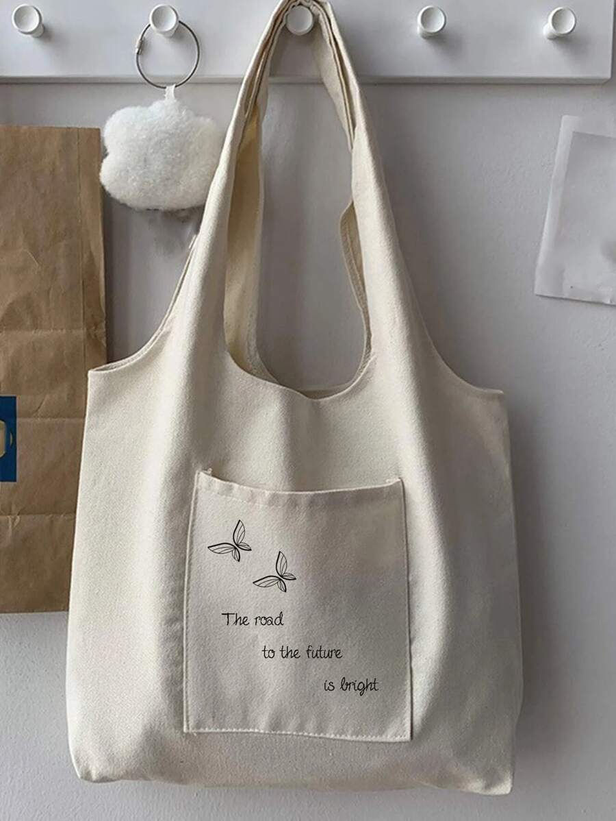 女士蝴蝶印花托特包，大容量帆布单肩包字母图案购物袋，母亲节送给妈妈的礼物