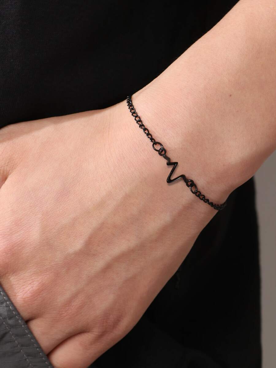 Men Heartbeat Decor Chain Bracelet - Black - View 1