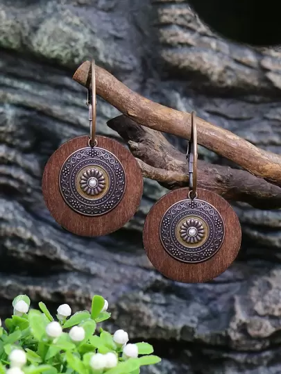 TopHanqi 1 Pair Bohemian Style Bronze Round Pendant Earrings For Women, Suitable For Daily Life, Work, Stage Performance, Street Snap, DIY Jewelry