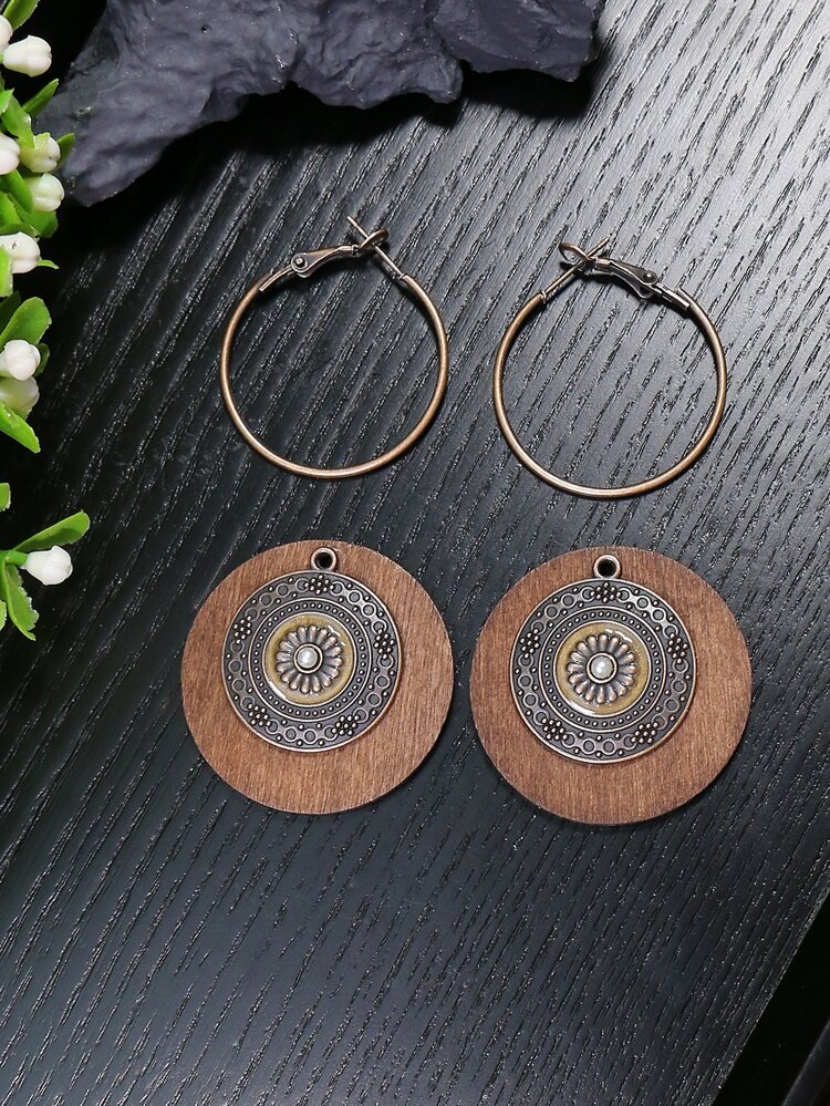 TopHanqi 1 Pair Bohemian Style Bronze Round Pendant Earrings For Women, Suitable For Daily Life, Work, Stage Performance, Street Snap, DIY Jewelry