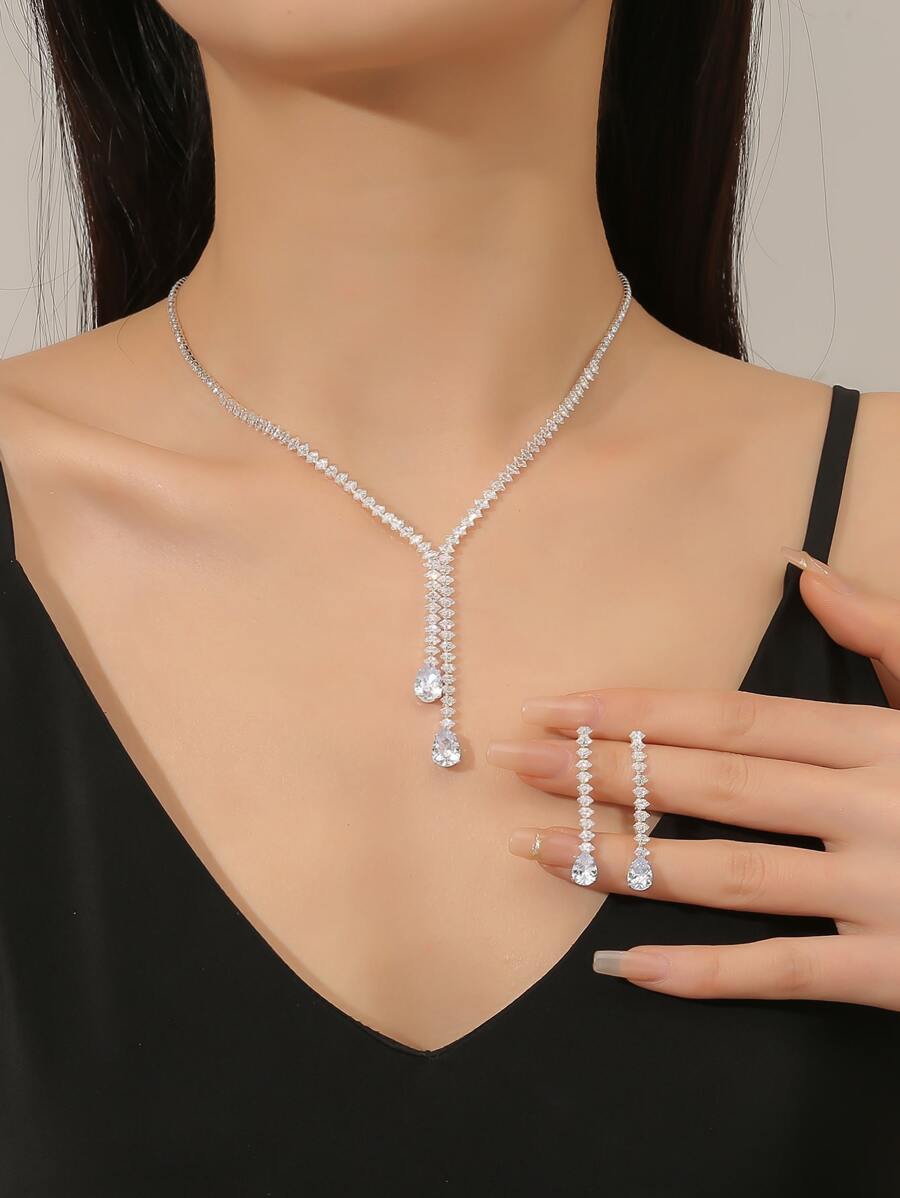 3 piezas/set Set joya con diseño de diamante de imitación - Plateado - Ver 1