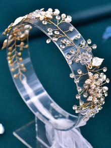 水鑽和花朵裝飾新娘髮帶 - 金色 - 查看 2