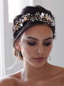 水鑽和花朵裝飾新娘髮帶 - 金色 - 查看 3