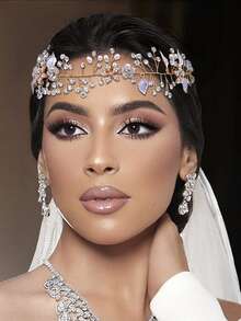 水鑽和花朵裝飾新娘髮帶 - 金色 - 查看 4