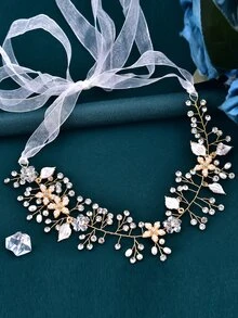 水鑽和花朵裝飾新娘髮帶 - 金色 - 查看 5