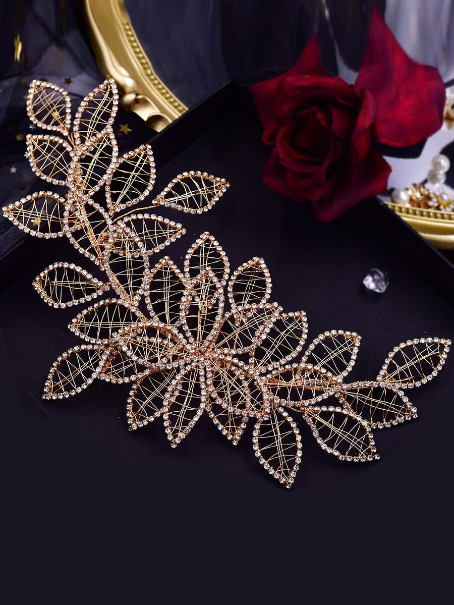 Rhinestone Flower Decor Bridal Hair Band - Gold - View 1