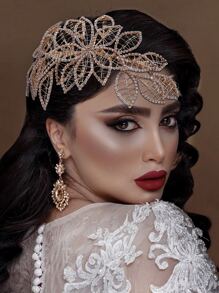 Rhinestone Flower Decor Bridal Hair Band - Gold - View 3