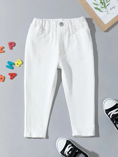 Baby Girl Solid Slant Pocket Elastic Waist Jeans