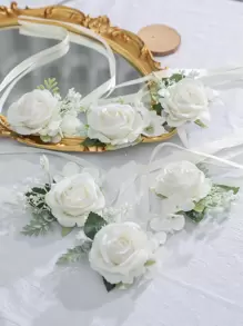 1pc/6pcs Elegant Rose Flower With Faux Green Plant Wrist Corsage, Suitable For Groom, Bride, Groomsman, Bridesmaid, Wedding, Engagement, Party, Banquet - Multicolor - View 2