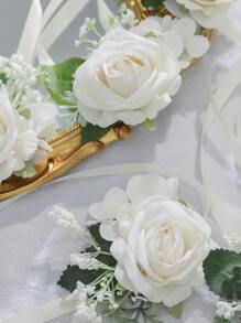 1pc/6pcs Elegant Rose Flower With Faux Green Plant Wrist Corsage, Suitable For Groom, Bride, Groomsman, Bridesmaid, Wedding, Engagement, Party, Banquet - Multicolor - View 3