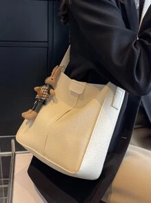 Litchi Embossed Hobo Bag With Bag Charm - Beige - View 1