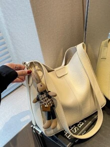 Litchi Embossed Hobo Bag With Bag Charm - Beige - View 2