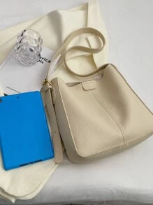 Litchi Embossed Hobo Bag With Bag Charm - Beige - View 4