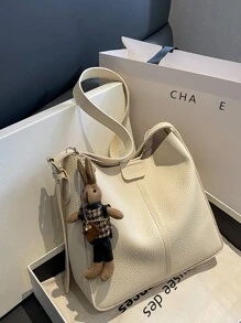 Litchi Embossed Hobo Bag With Bag Charm - Beige - View 6