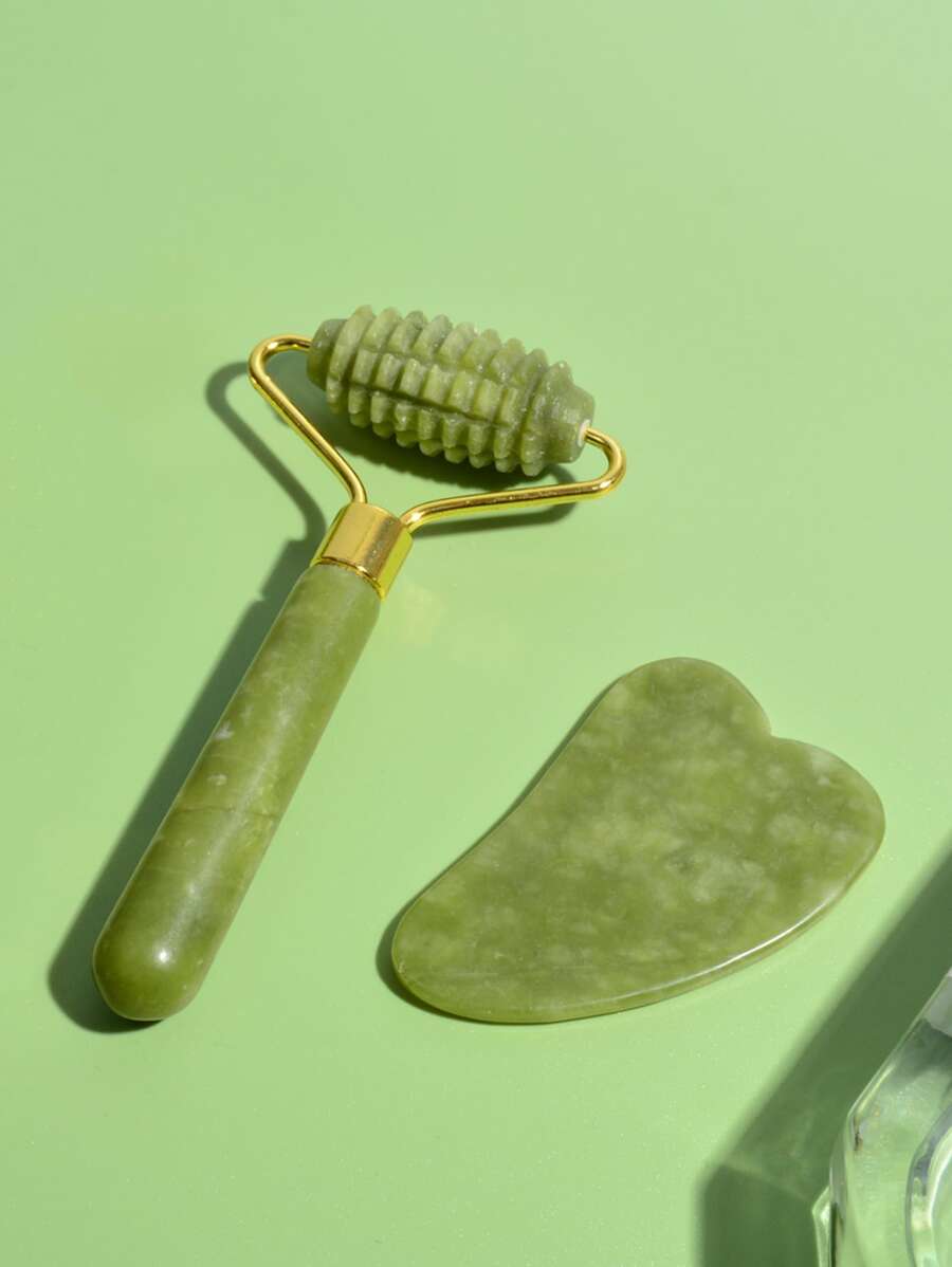 2pcs Stone Roller & Gua Sha Set Face Roller and Gua Sha Facial Tools for Skin Care Routine and Puffiness - Green - View 1