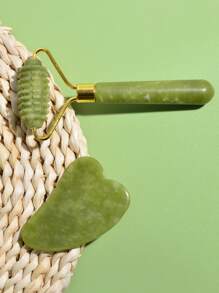 2pcs Stone Roller & Gua Sha Set Face Roller and Gua Sha Facial Tools for Skin Care Routine and Puffiness - Green - View 2