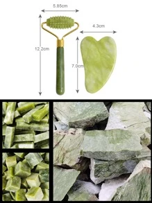 2pcs Stone Roller & Gua Sha Set Face Roller and Gua Sha Facial Tools for Skin Care Routine and Puffiness - Green - View 7