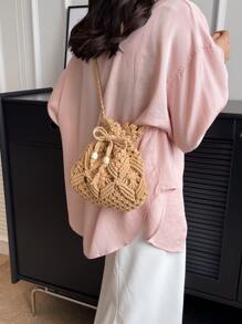 Small Crochet Bag Hollow Out Design - Khaki - View 3