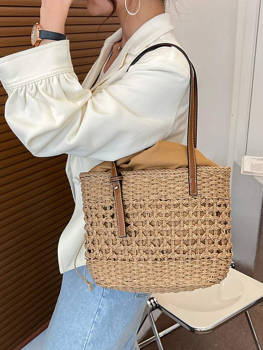 Minimalist Straw Bag - Khaki - View 1