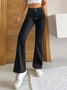 SHEIN PETITE 素色牛仔喇叭褲