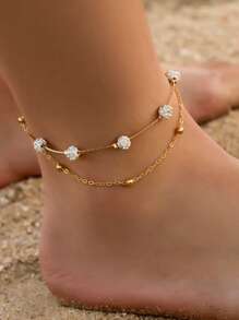 水鑽裝飾分層腳鏈 - 金黃色 - 查看 1
