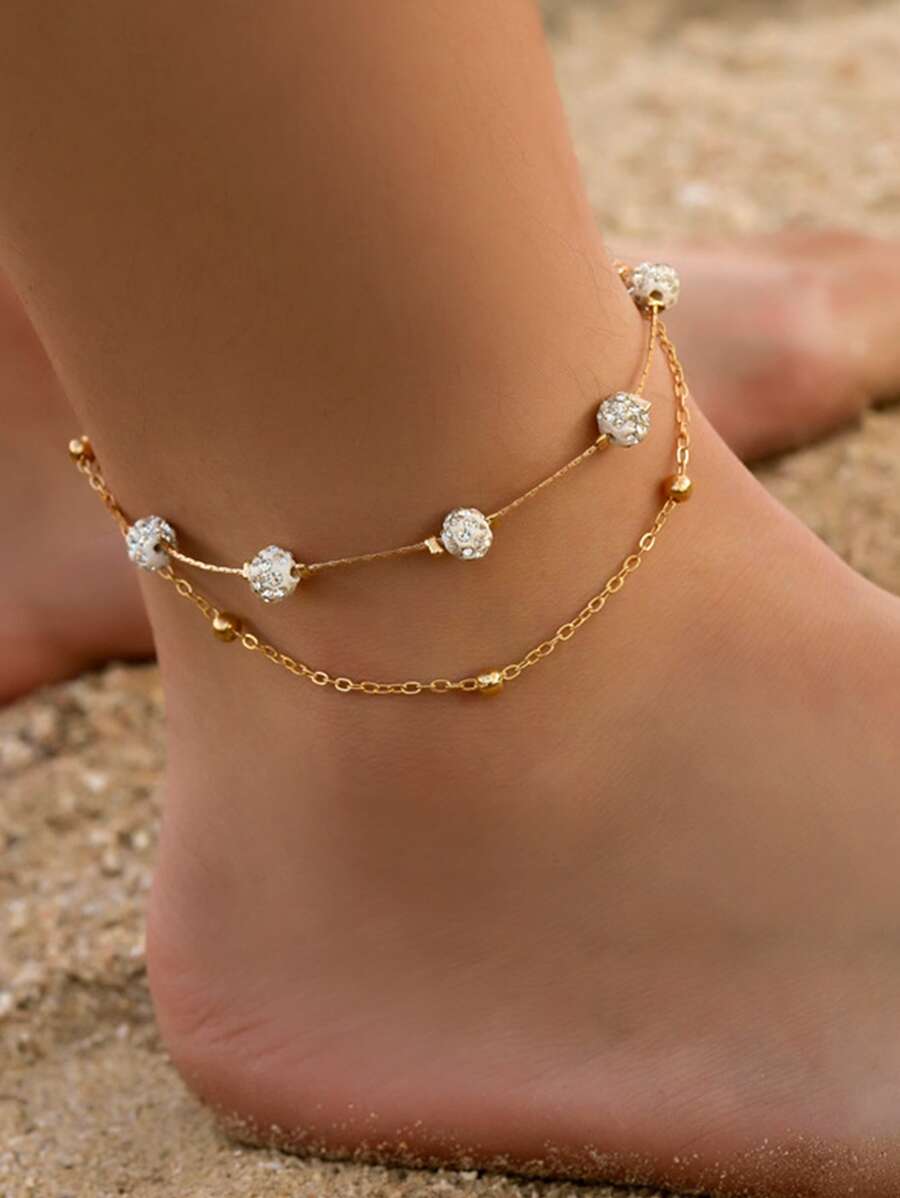 水鑽裝飾分層腳鏈 - 金黃色 - 查看 1