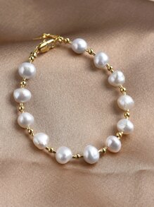 1 件 18K 镀金天然珍珠手链，母亲节、情人节、生日、订婚、婚礼、新娘礼物 - 白色 - 查看 2