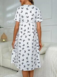 Moonlight&Mama Maternity Butterfly Print Lace Trim Nightdress Pajama Dress - White - View 2