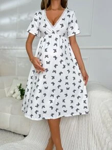 Moonlight&Mama Maternity Butterfly Print Lace Trim Nightdress Pajama Dress - White - View 5