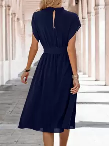 SHEIN Clasi Solid Belted A-line Dress - Navy Blue - View 2