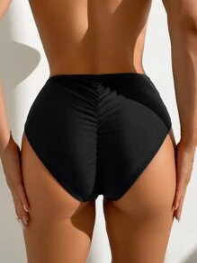 Swim Basics Summer Beach Ruched Back High Waisted Bikini Bottom - Black - View 3