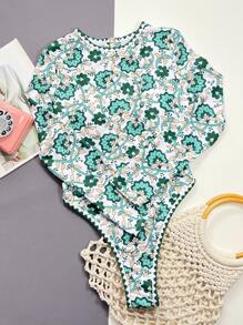 SHEIN Swim Summer Beach Floral Print High Cut One Piece Swimsuit - Multicolor - View 3