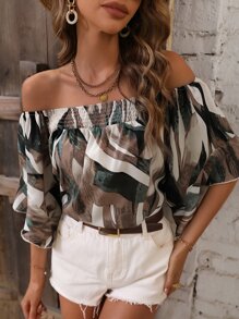 SHEIN VCAY Allover Print Off Shoulder Flounce Sleeve Blouse - Multicolor - View 1