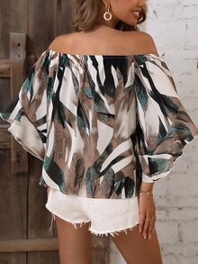 SHEIN VCAY Allover Print Off Shoulder Flounce Sleeve Blouse - Multicolor - View 2