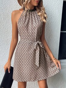 SHEIN Clasi Allover Print Halter Neck Belted Dress - Khaki - View 3
