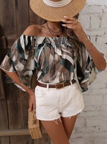 SHEIN VCAY Allover Print Off Shoulder Flounce Sleeve Blouse - Multicolor - View 3