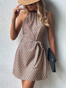 SHEIN Clasi Allover Print Halter Neck Belted Dress - Khaki - View 4