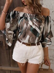 SHEIN VCAY Allover Print Off Shoulder Flounce Sleeve Blouse - Multicolor - View 6