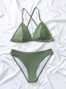 SHEIN Swim Bộ bikini tam giác rắn trên bãi biển mùa hè - xanh quân đội - Xem 4