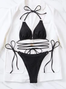 SHEIN Swim 夏季海灘環扣三角綁帶比基尼套裝 - 黑色 - 查看 4