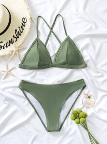 SHEIN Swim Bộ bikini tam giác rắn trên bãi biển mùa hè - xanh quân đội - Xem 6