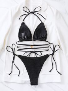 SHEIN Swim 夏季海灘環扣三角綁帶比基尼套裝 - 黑色 - 查看 5