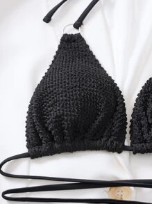 SHEIN Swim 夏季海灘環扣三角綁帶比基尼套裝 - 黑色 - 查看 7