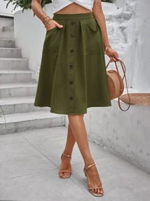 SHEIN Essnce Falda unicolor con botón delantero con parche de bolsillo - Verde militar - Ver 1